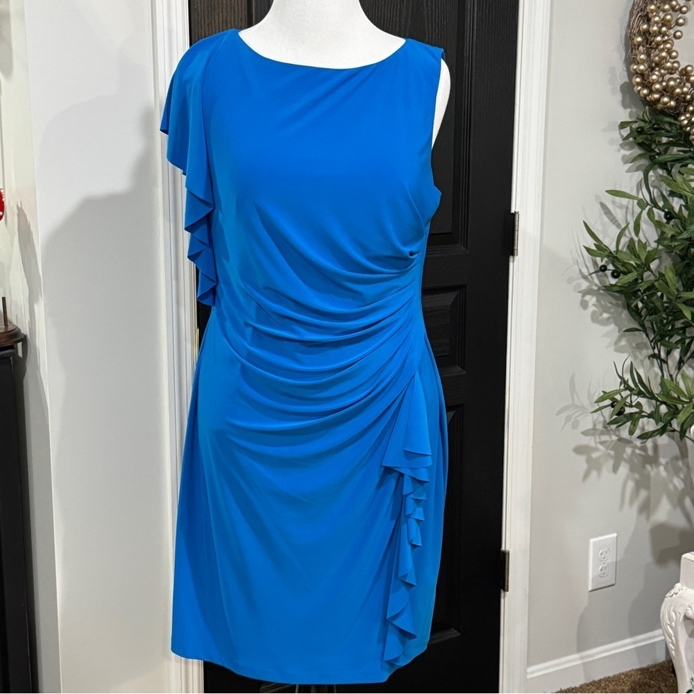 American Living bright blue asymmetrical ruffle midi dress 16